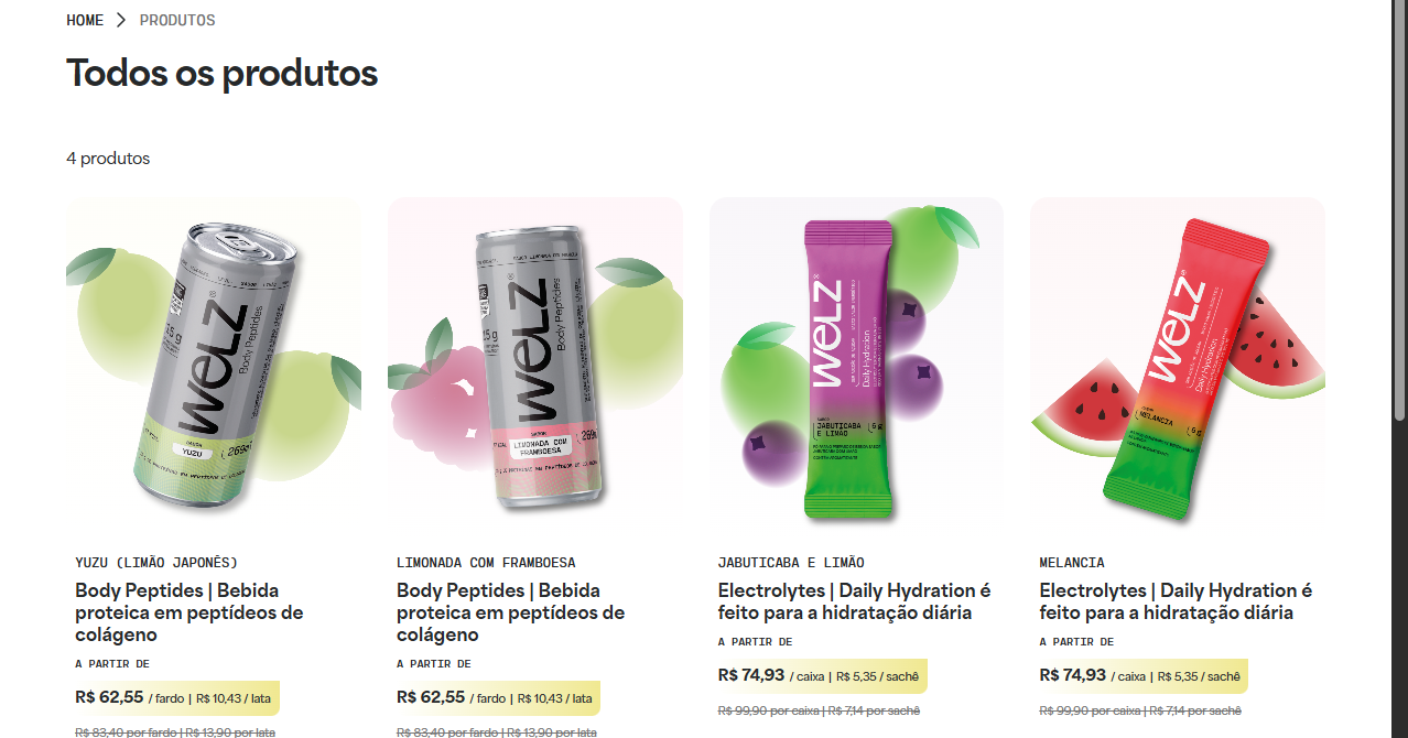 Contador de 4 produtos e cards com múltiplos preços na listagem