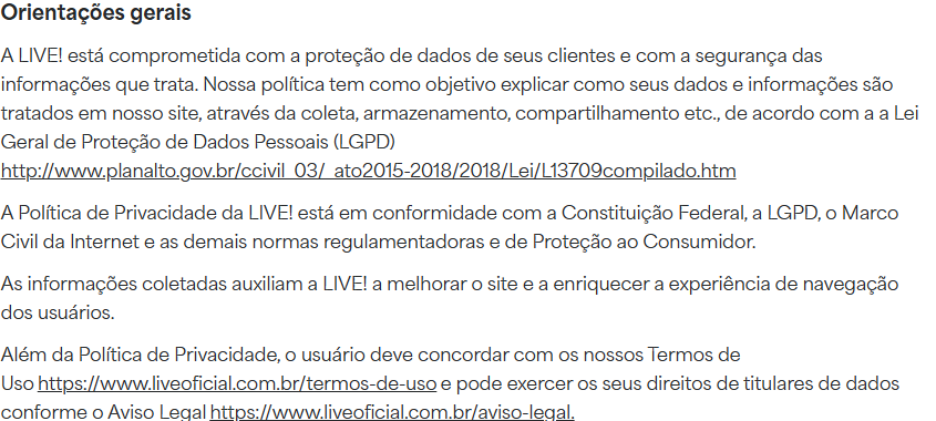 Política de privacidade citando a marca LIVE! em vez de Welz