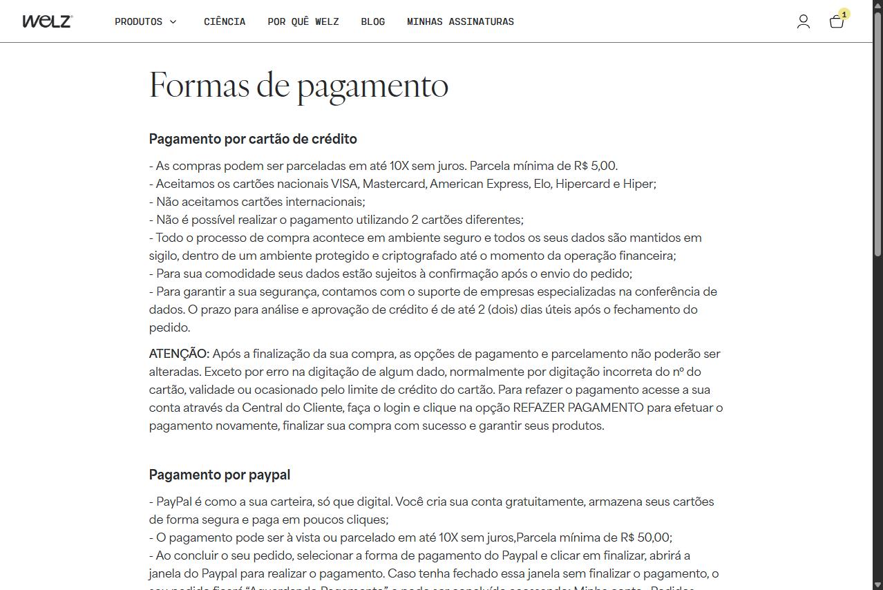 Página de pagamento em bloco de texto corrido
